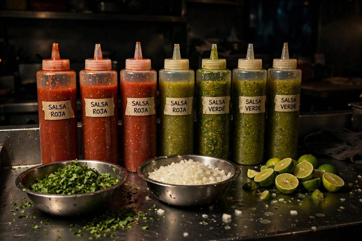 Salsa squeeze bottles, chopped cilantro and onion, and limes on a prep counter at night