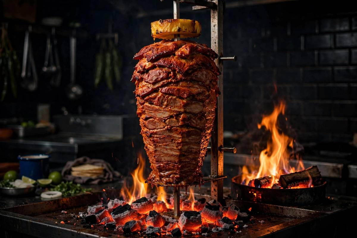 Trompo al pastor roasting beside an open flame at night